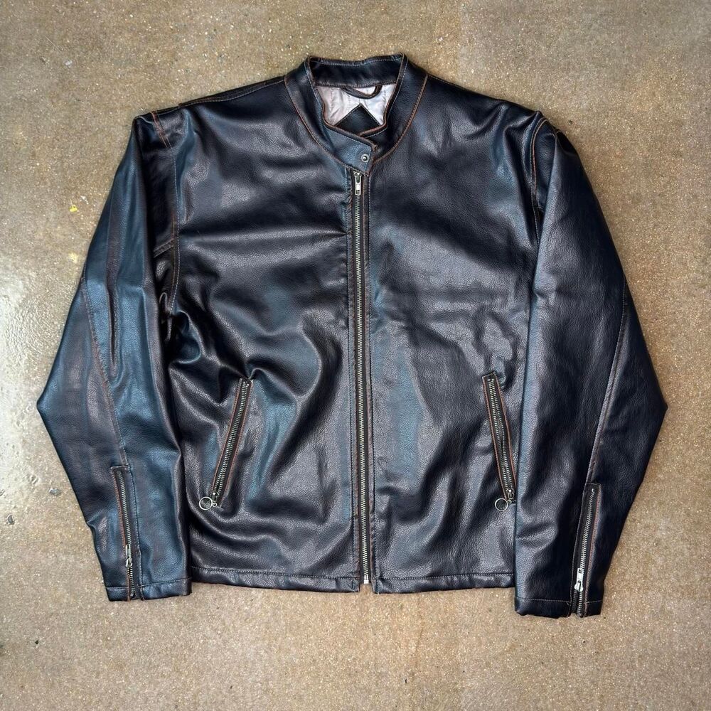 BC Ethic Cafe Racer Jacket Mens L Black Faux Leather Moto Quilted Lined Zip